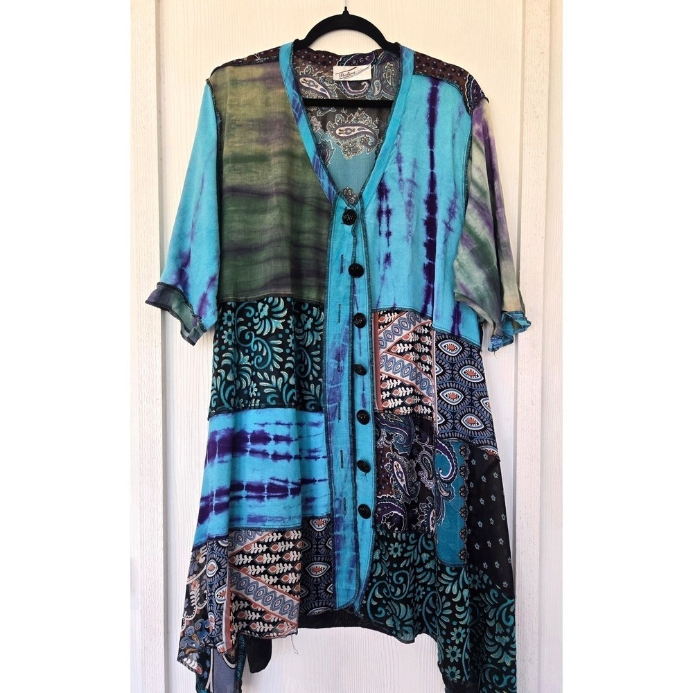 Vintage Sterling Styles Patchwork Artsilk Kimono Tunic Top Boho Art To Wear OS